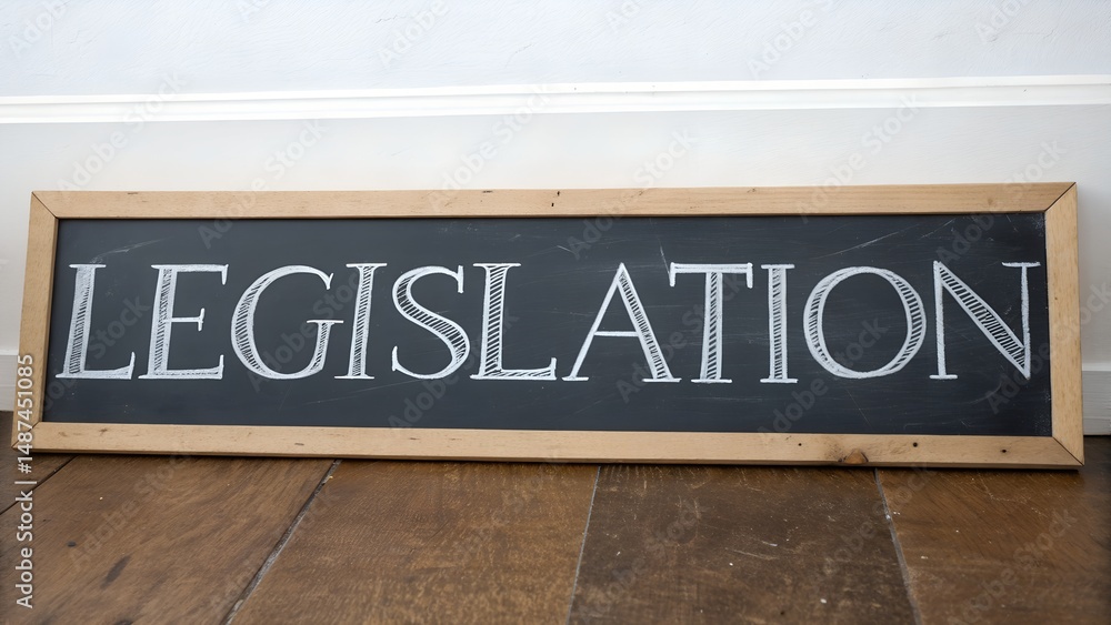 Obraz premium A rustic chalkboard sign displaying LEGISLATION hinting at new laws and political action in a farmhouse style with a