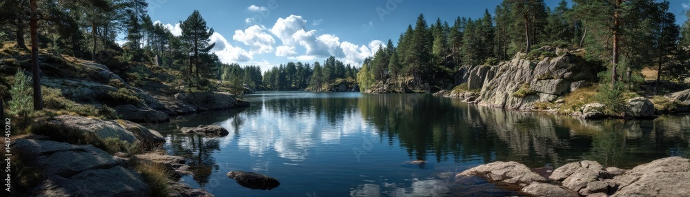 Fototapeta premium Scenic view of lake in pine forest with rock and trees concept. A serene lake surrounded by lush greenery and rocky formations.