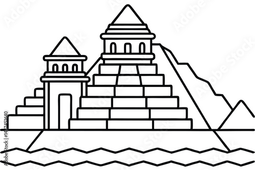 Minimalistic outline shows ancient pyramid structures under an austere mountain backdrop on still water