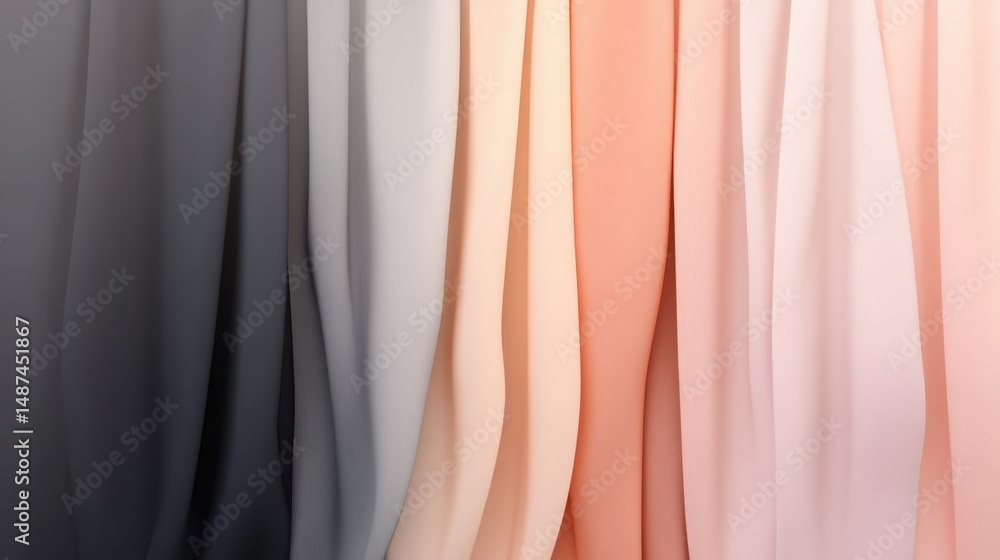 Obraz premium Fabrics in soft pastel colors hanging in a row, elegant textile textures for fashion design, home decor, sewing projects, drapery, and upholstery inspiration.