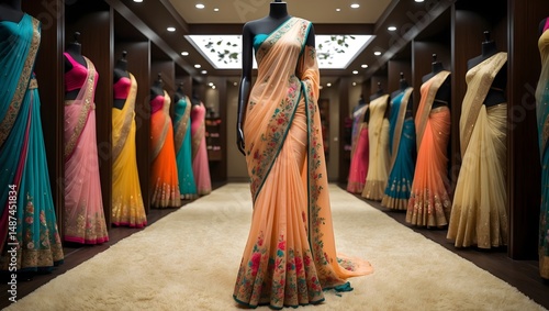 Elegant Saree Display: A mesmerizing collection of traditional sarees gracefully displayed on mannequins within a sophisticated boutique.