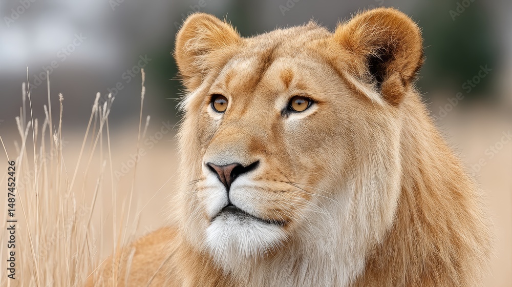 Obraz premium A majestic lioness gazes thoughtfully across the savanna, embodying the beauty and strength of wildlife in a natural setting.