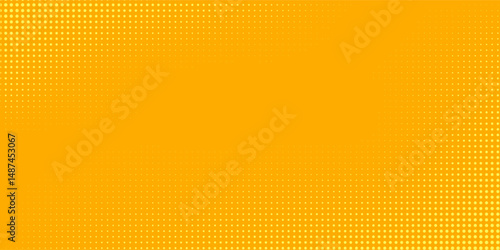 Yellow orange halftone pattern. Retro comic gradient background. Square pixilated dot cartoon texture. Pop art faded gradient pattern. Vector backdrop.
