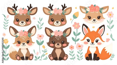 Charming Woodland Creatures in Floral Crowns: Adorable deer and a fox adorned with floral crowns, nestled amidst delicate flowers and leaves.