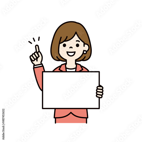 フリップを持って説明する、若い女性会社員のベクターイラスト素材＿線幅の編集可能＿カラー