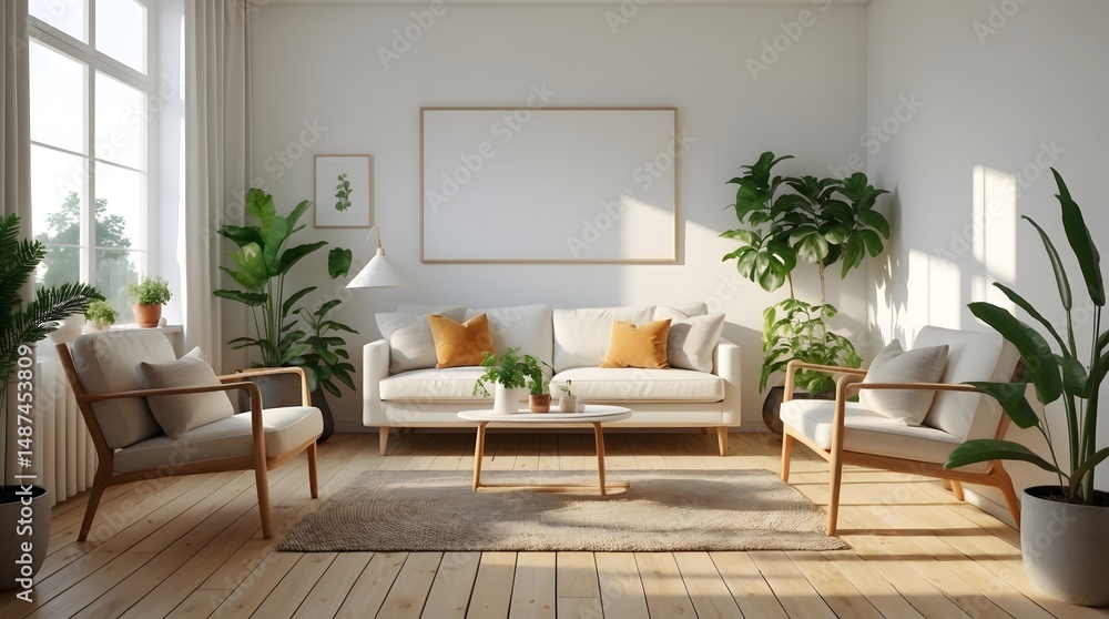 Fototapeta premium Serene Interior: A light-filled living space exuding tranquility, with modern furniture and lush plants, is the epitome of elegant interior design, evoking feelings of calm.
