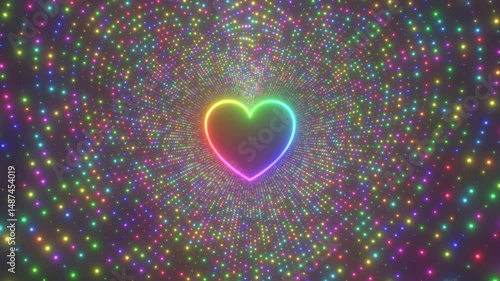 Bright Rainbow Color Neon Glowing Heart Sparkle Lights Tunnel Shines - 4K Seamless VJ Loop Motion Background Animation