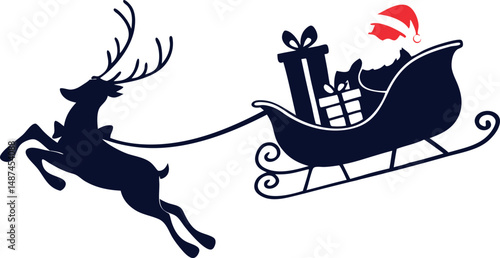 This festive image features a simple, black silhouette of Santa Claus riding in a sleigh pulled by reindeer, against a white background.