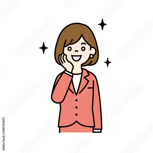 目をキラキラさせて喜ぶ、若い女性会社員のベクターイラスト素材＿線幅の編集可能＿カラー