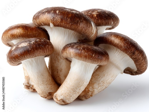 A cluster of fresh shiitake mushrooms sits on a pristine white background showcasing their rich brown caps and creamy white stems.