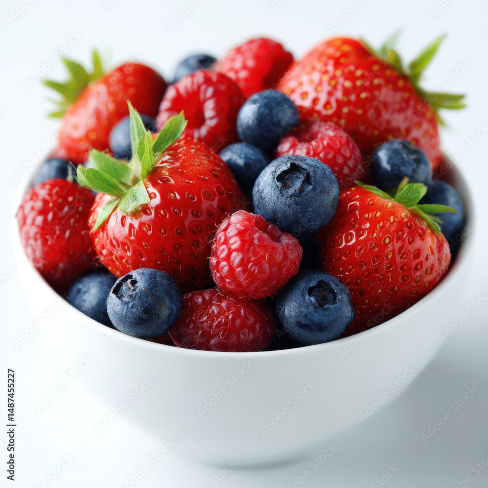 bowl filled with fresh strawberries, blueberries, and raspberries, showcasing a colorful and healthy assortment of juicy summer berries on a clean white background, shallow depth of field bowl filled with fresh strawberries, blueberries, and raspberries, showcasing a colorful and healthy assortment of juicy summer berries on a clean white background, shallow depth of field