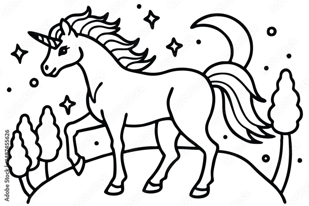 Outline of a unicorn with stars and moon stands gracefully in a magical landscape Outline of a unicorn with stars and moon stands gracefully in a magical landscape
