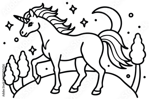 Outline of a unicorn with stars and moon stands gracefully in a magical landscape