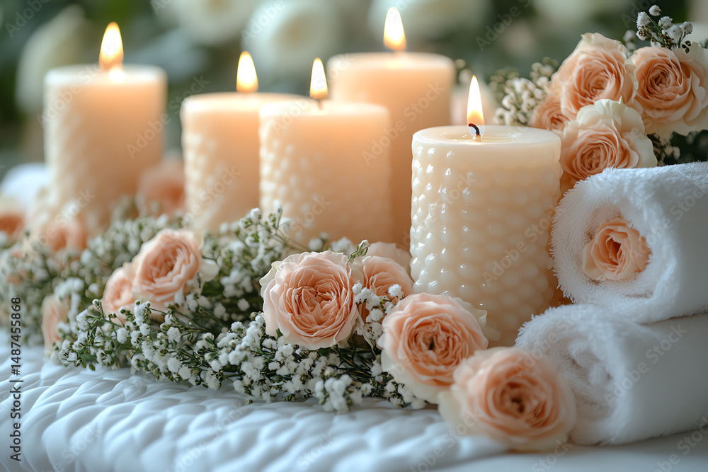 Obraz premium A serene arrangement of candles, towels, and delicate roses creating a calming atmosphere for relaxation and self-care.