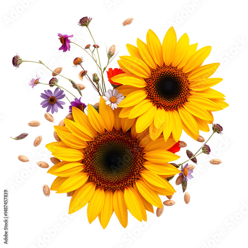Sunflower and pumpkin seeds with edible flowers, isolated on white background