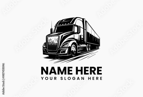 Contemporary silver Freightliner Cascadia semi-truck logo with lengthy trailer captured in three-quarter vector view. Transport company emblem  