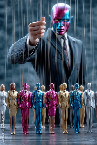 The corporate puppet master: A surreal depiction of a leader controlling a workforce of metallic figures.