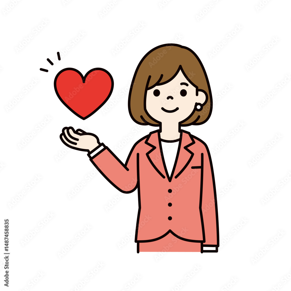 片手でハートを持つ、若い女性会社員のベクターイラスト素材_線幅の編集可能_カラー 片手でハートを持つ、若い女性会社員のベクターイラスト素材_線幅の編集可能_カラー