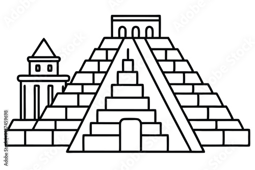 Outlined Chichen Itza Pyramid stands by Smaller Pyramid in a Simple Black and White Scene