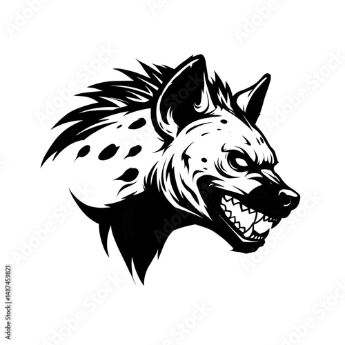 Spotted Hyena Head Illustration: A fierce and detailed illustration of a spotted hyena's head in profile view, showcasing its powerful jaws and intense gaze.