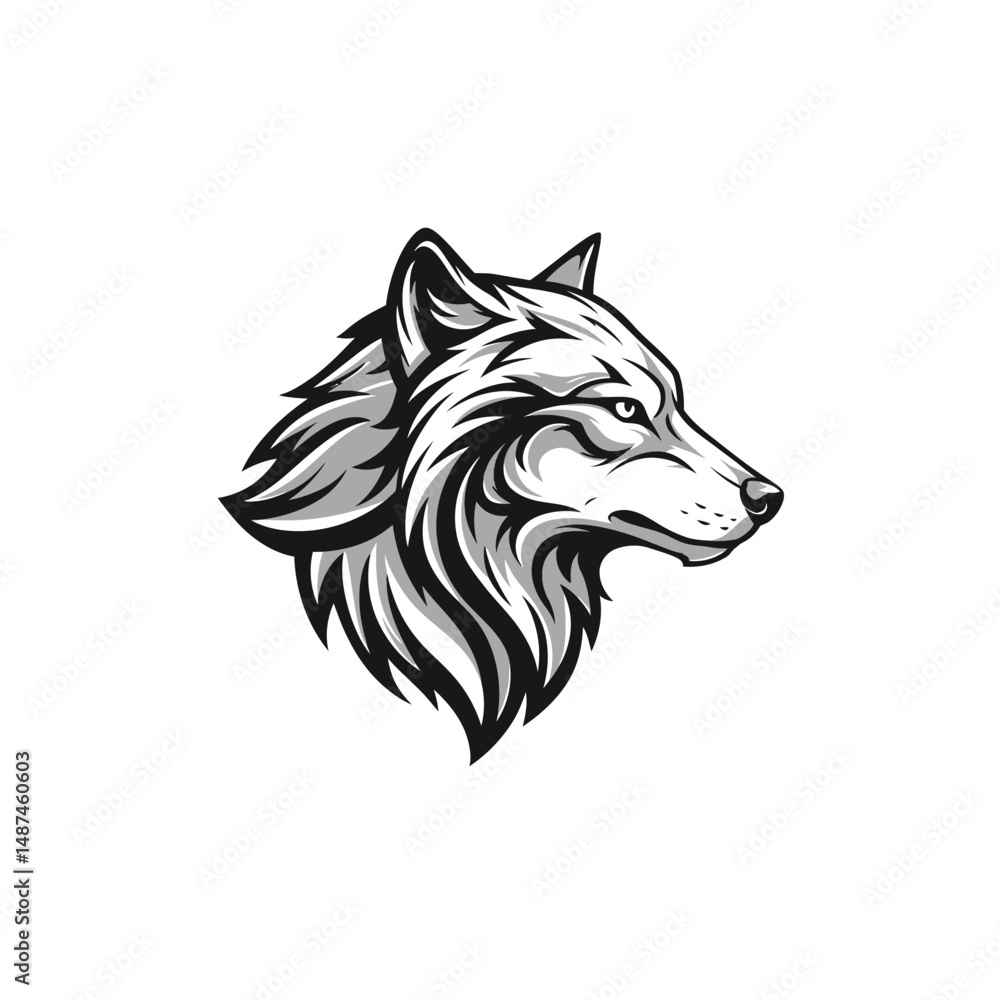 Obraz premium Majestic Wolf Portrait: A striking grayscale portrait captures the essence of a wolf's gaze, highlighting its intelligent eyes and detailed fur with bold lines and textures.