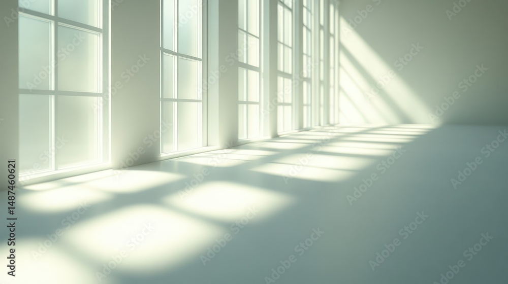Fototapeta premium Sunlight Streaming Through Large Windows in a Modern White Room