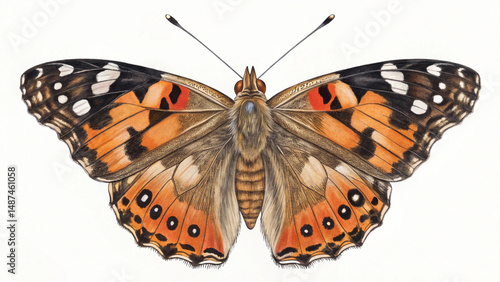 Detailed watercolor illustration of a painted lady butterfly isolated on a white background