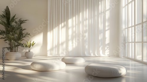 Sunlit Minimalist Room with White Cushions and Potted Plants