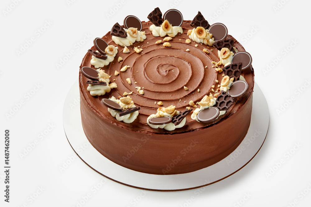 Delicious chocolate hazelnut cake decorated with chocolate decorations and whipped cream Delicious chocolate hazelnut cake decorated with chocolate decorations and whipped cream