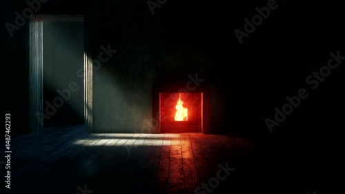 Empty room with fire, dark and moody interior.