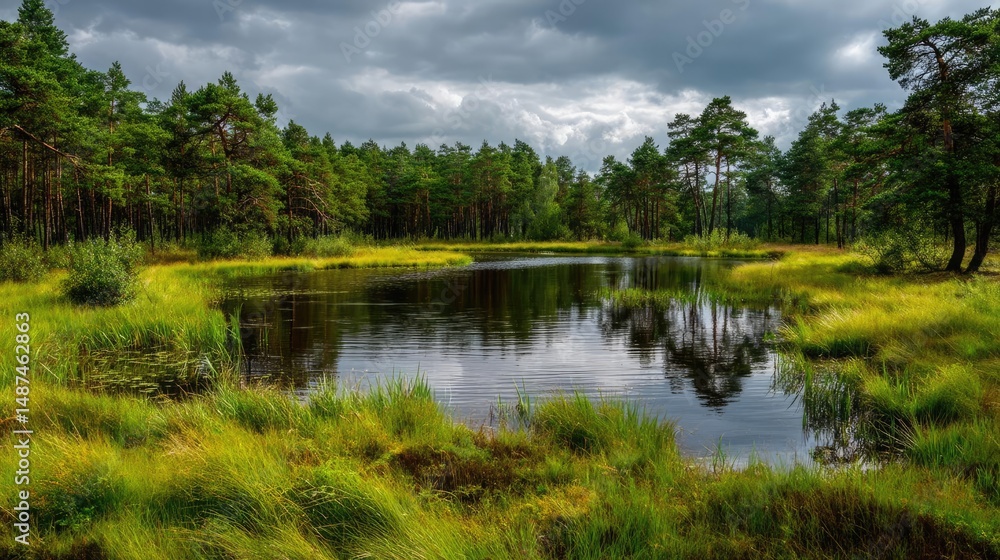 Scenic view of lake in pine forest under peaceful nature concept. A serene wetland scene capturing vibrant greenery and calm water. Scenic view of lake in pine forest under peaceful nature concept. A serene wetland scene capturing vibrant greenery and calm water.