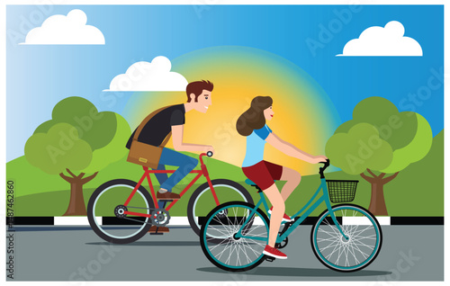 flat design cycling in the mountains with a girlfriend, vector illustration
