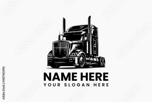 Contemporary silver Freightliner Cascadia semi-truck logo with lengthy trailer captured in three-quarter vector view. Transport company emblem  