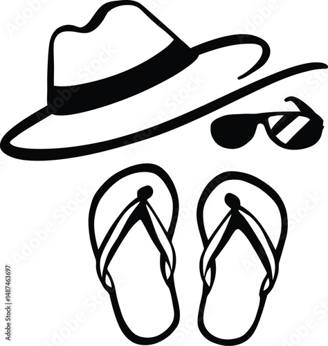 Summer Essentials: A Stylish Collection of Beach Accessories Featuring a Wide-Brimmed Hat, Sleek Sunglasses, and Comfortable Flip-Flops