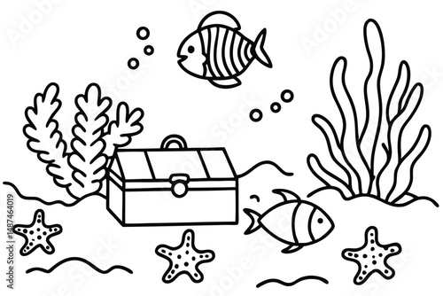 Outlined fishes swim around a treasure chest among sea plants and starfishes