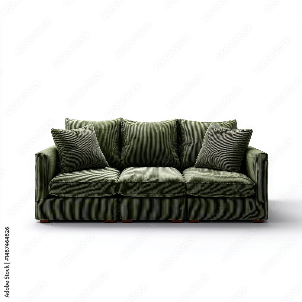 Fototapeta premium Modern Olive Green Corduroy Modular Sofa with Minimalist Design on White Background
