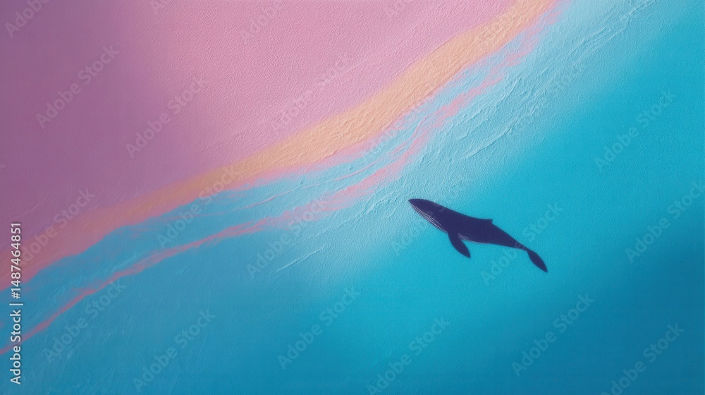 Fototapeta premium Serene Whale Swimming Through Vibrant Pastel Waters in Dreamy Ocean Scene