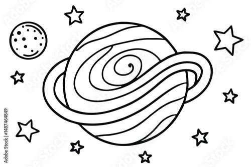 Outlined gas giant with rings is shown alongside a moon and several stars