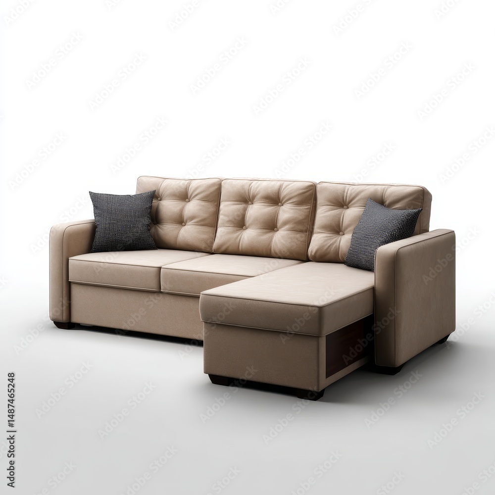 Obraz premium Contemporary L-Shape Sofa Bed with Hidden Storage in Sand Chenille Fabric - Gas-Lift System, Compact Design on White Background | 3D Rendering