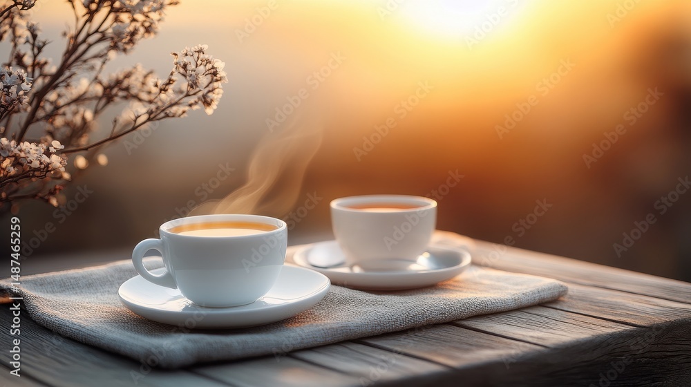 Two Cups of Steaming Tea at Sunrise on Rustic Wooden Table Two Cups of Steaming Tea at Sunrise on Rustic Wooden Table