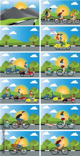 set Illustration design ride a scooter in the mountains, vector illustration