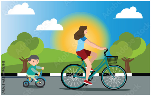 flat design ride a scooter in the mountains, vector illustration