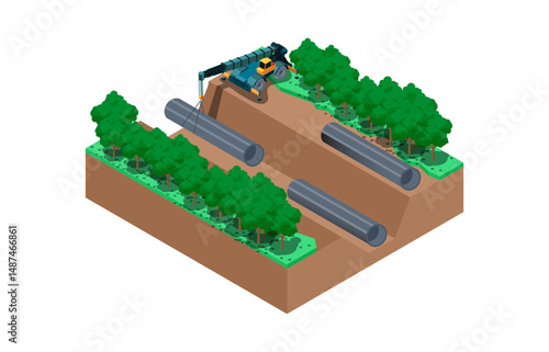 Vector Isometric Illustration of the construction process. Construction work on pipes, vector illustration