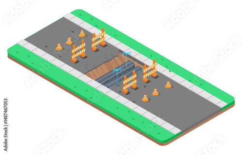 Vector Isometric Illustration of the construction process. Construction work on pipes, vector illustration
