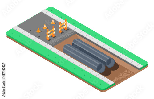 Vector Isometric Illustration of the construction process. Construction work on pipes, vector illustration
