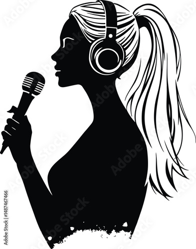 Vocal Spotlight: A Striking Black and White Silhouette of a Ponytailed Singer with Headphones, Capturing the Passion of Live Performance