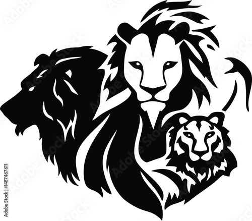 Majestic Trio: A Striking Black and White Illustration of Three Regal Lions Symbolizing Strength, Courage, and Unity