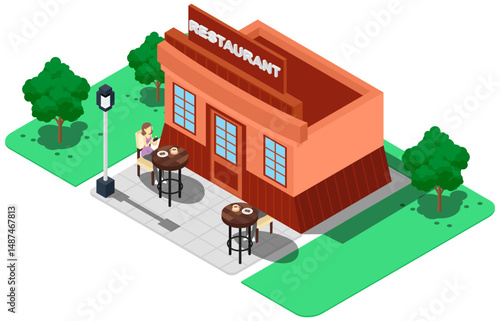 isometric coffee shop building.on white background.isometric design. 3D design elements for construction of urban and village landscapes.