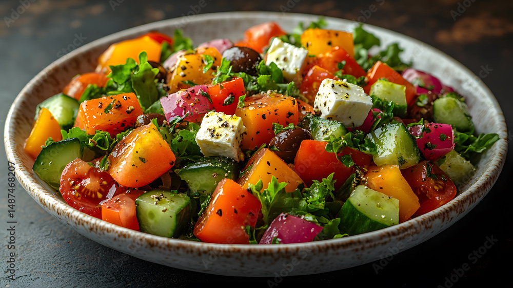 Fresh and colorful greek salad with tomatoes cucumbers feta cheese and olives in a bowl Fresh and colorful greek salad with tomatoes cucumbers feta cheese and olives in a bowl