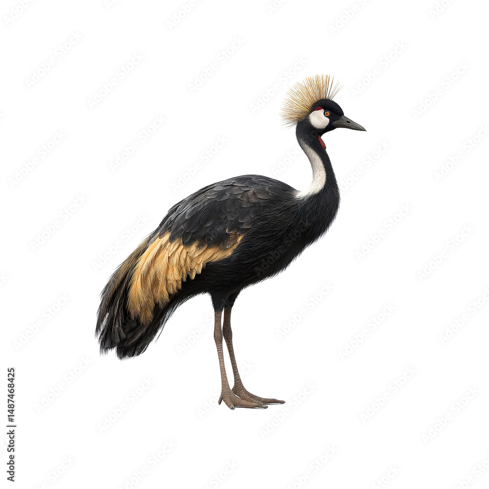 Majestic Black Crowned Crane with Golden Accents Isolated on white background Majestic Black Crowned Crane with Golden Accents Isolated on white background